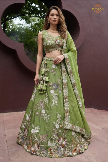 Olive Green Embroidered Semi-Stitched Tissue Lehenga Set