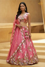 Fuchsia Pink Embroidered Semi-Stitched Tissue Lehenga Set