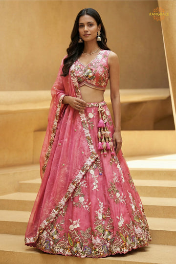 Fuchsia Pink Embroidered Semi-Stitched Tissue Lehenga Set