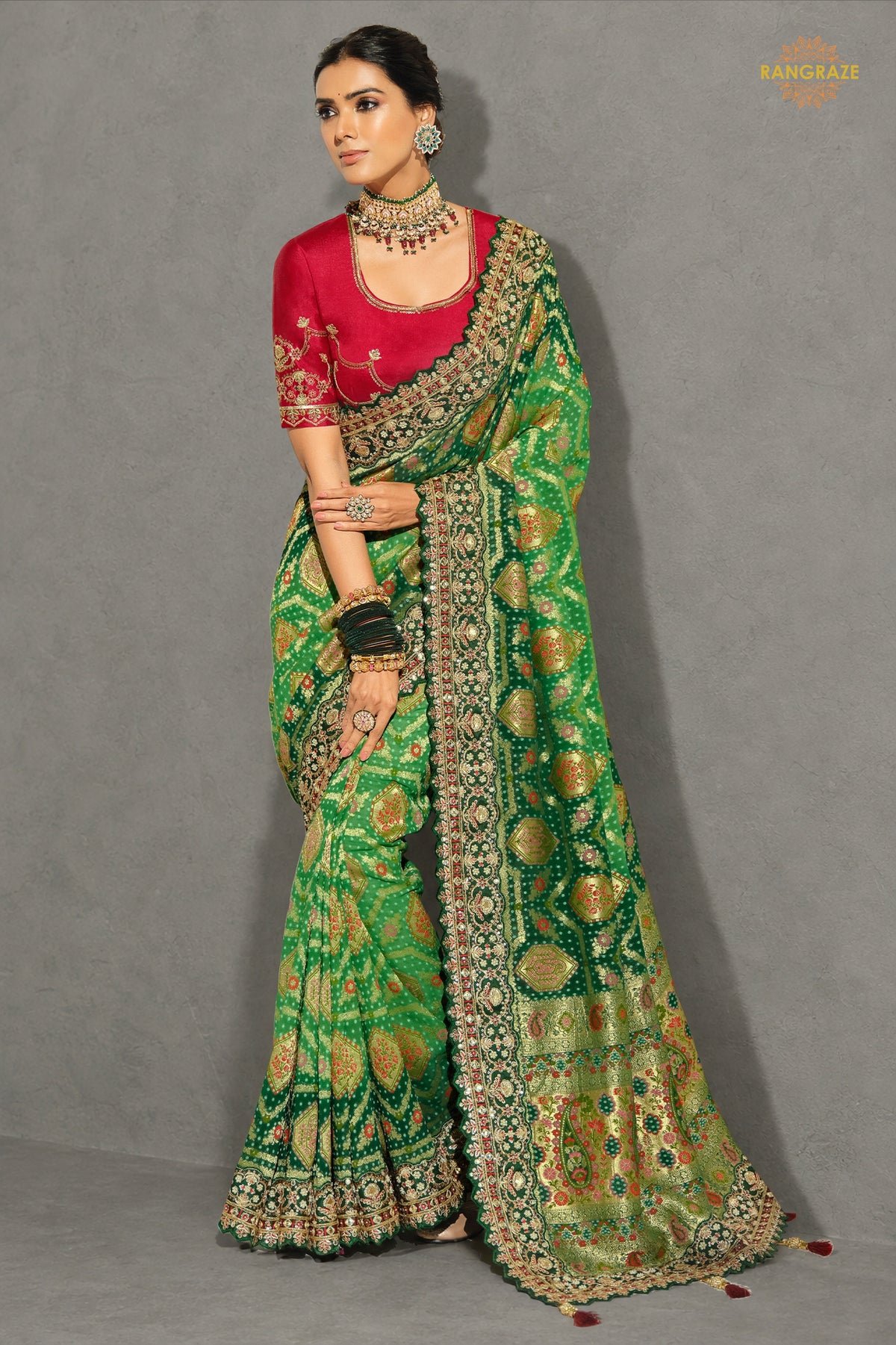 2-Tone Green Embroidered Bandhej Georgette Saree