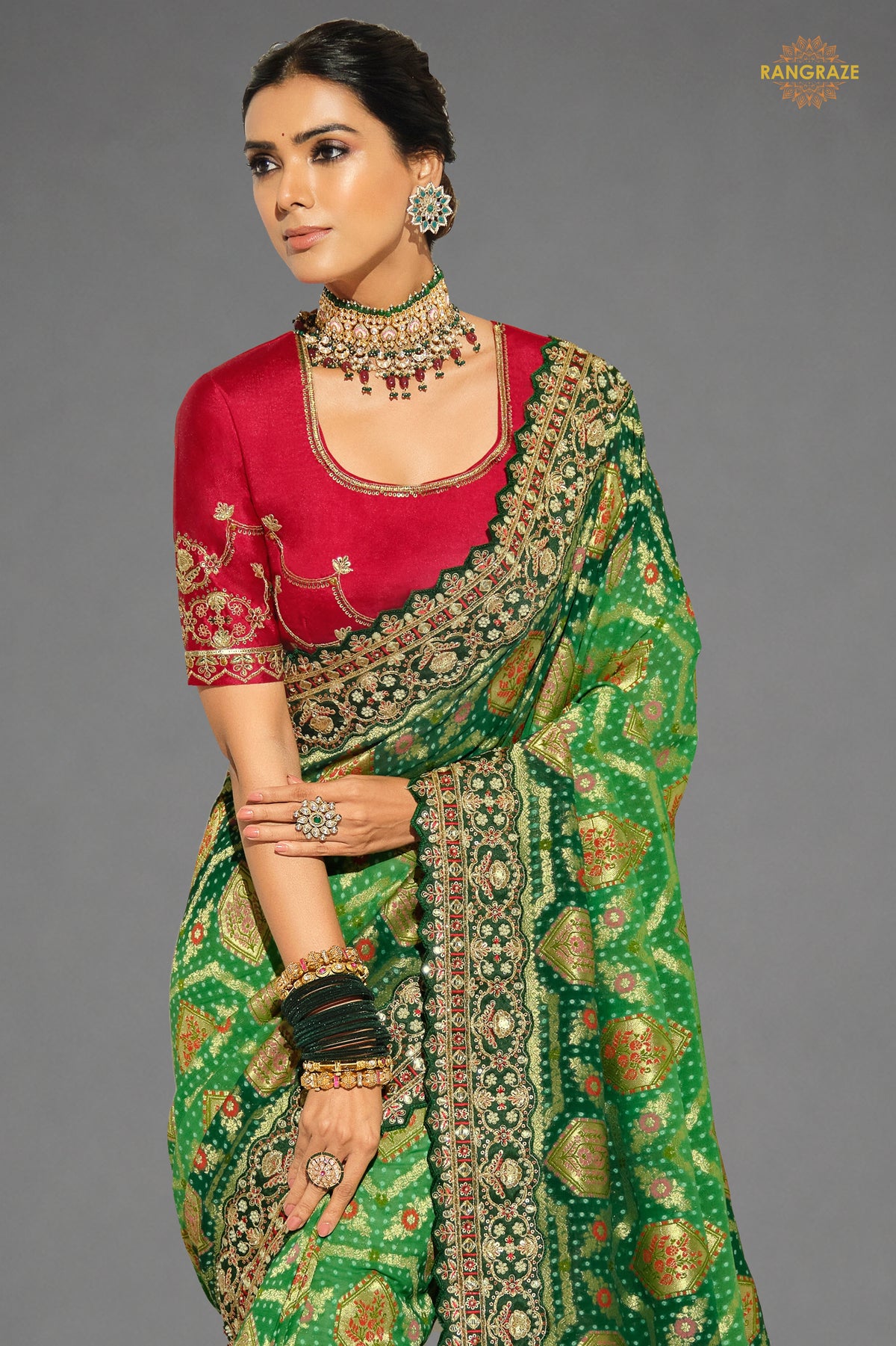 2-Tone Green Embroidered Bandhej Georgette Saree