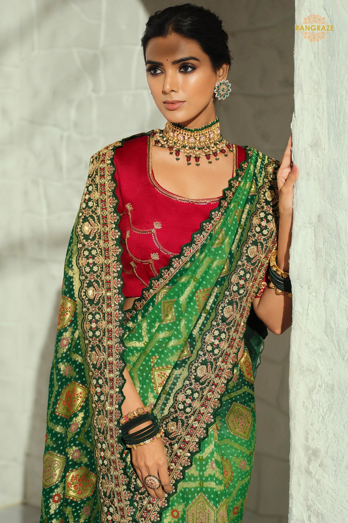 2-Tone Green Embroidered Bandhej Georgette Saree
