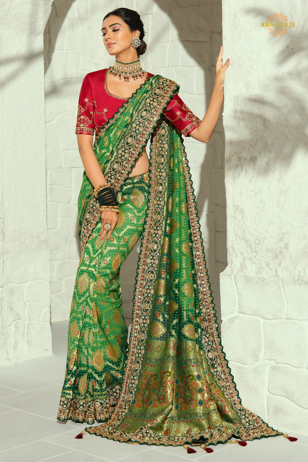 2-Tone Green Embroidered Bandhej Georgette Saree