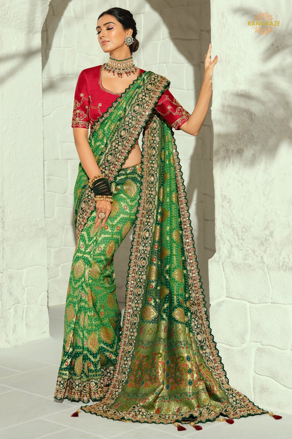 2-Tone Green Embroidered Bandhej Georgette Saree