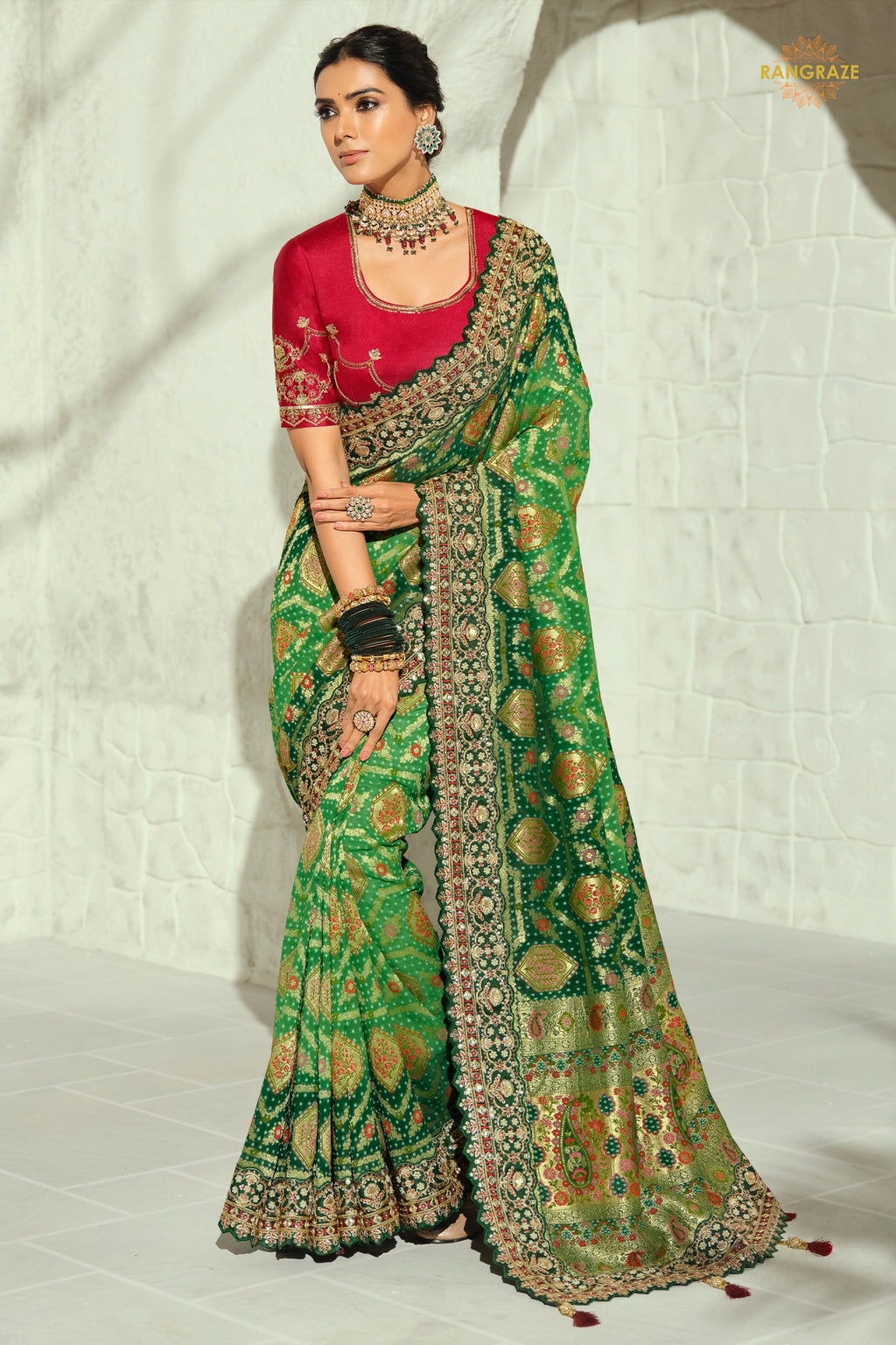 2-Tone Green Embroidered Bandhej Georgette Saree