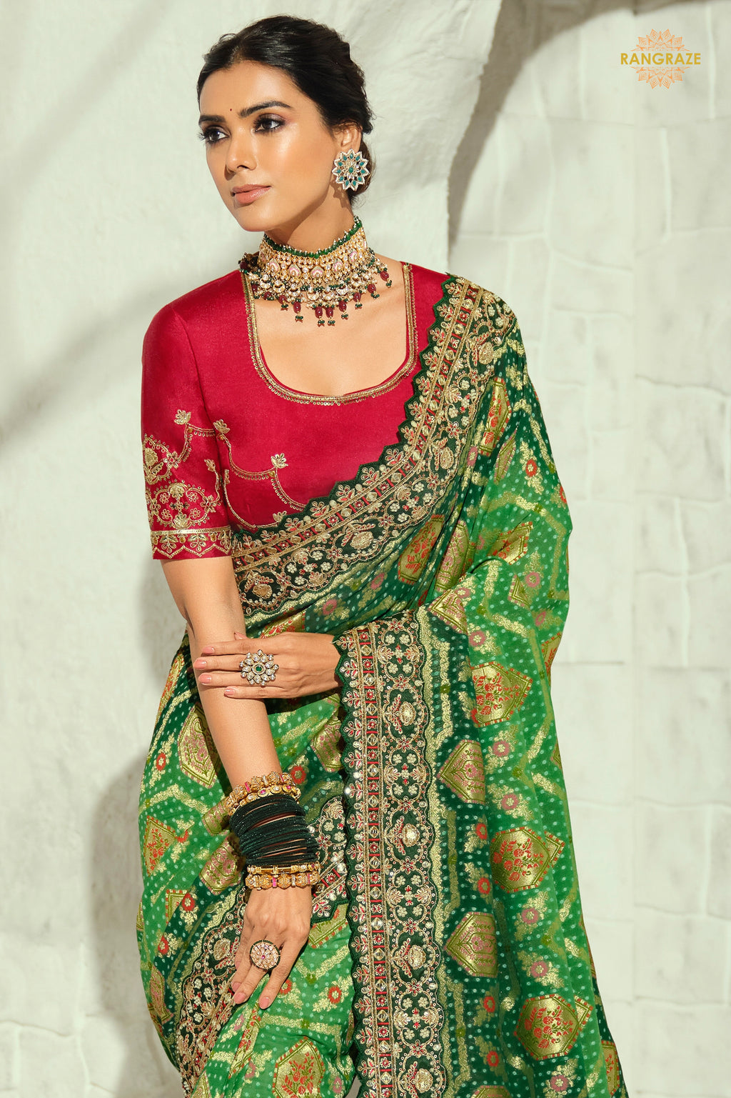 2-Tone Green Embroidered Bandhej Georgette Saree