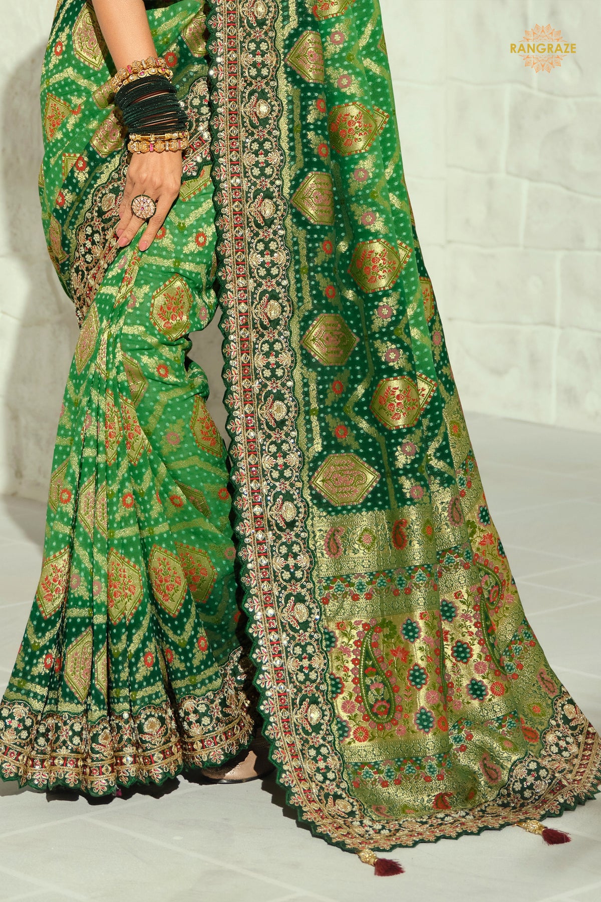 2-Tone Green Embroidered Bandhej Georgette Saree