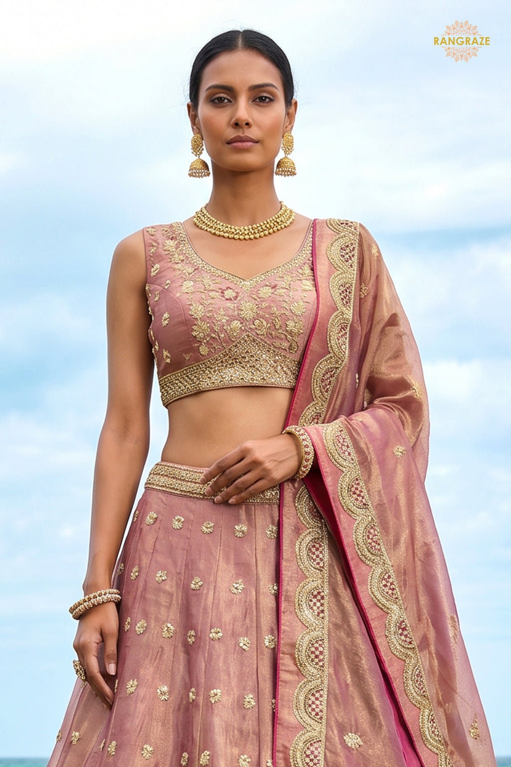 Dusty Pink Embroidered Semi-Stitched Tissue Lehenga Set