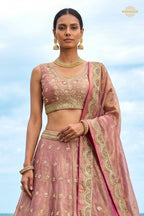 Dusty Pink Embroidered Semi-Stitched Tissue Lehenga Set