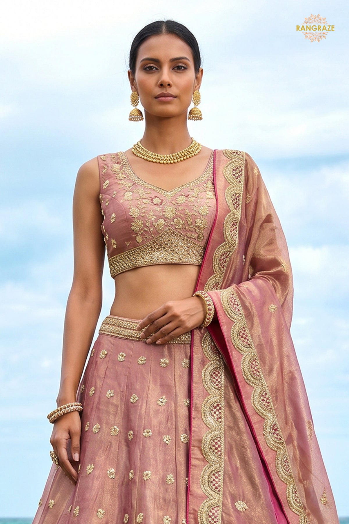 Dusty Pink Embroidered Semi-Stitched Tissue Lehenga Set