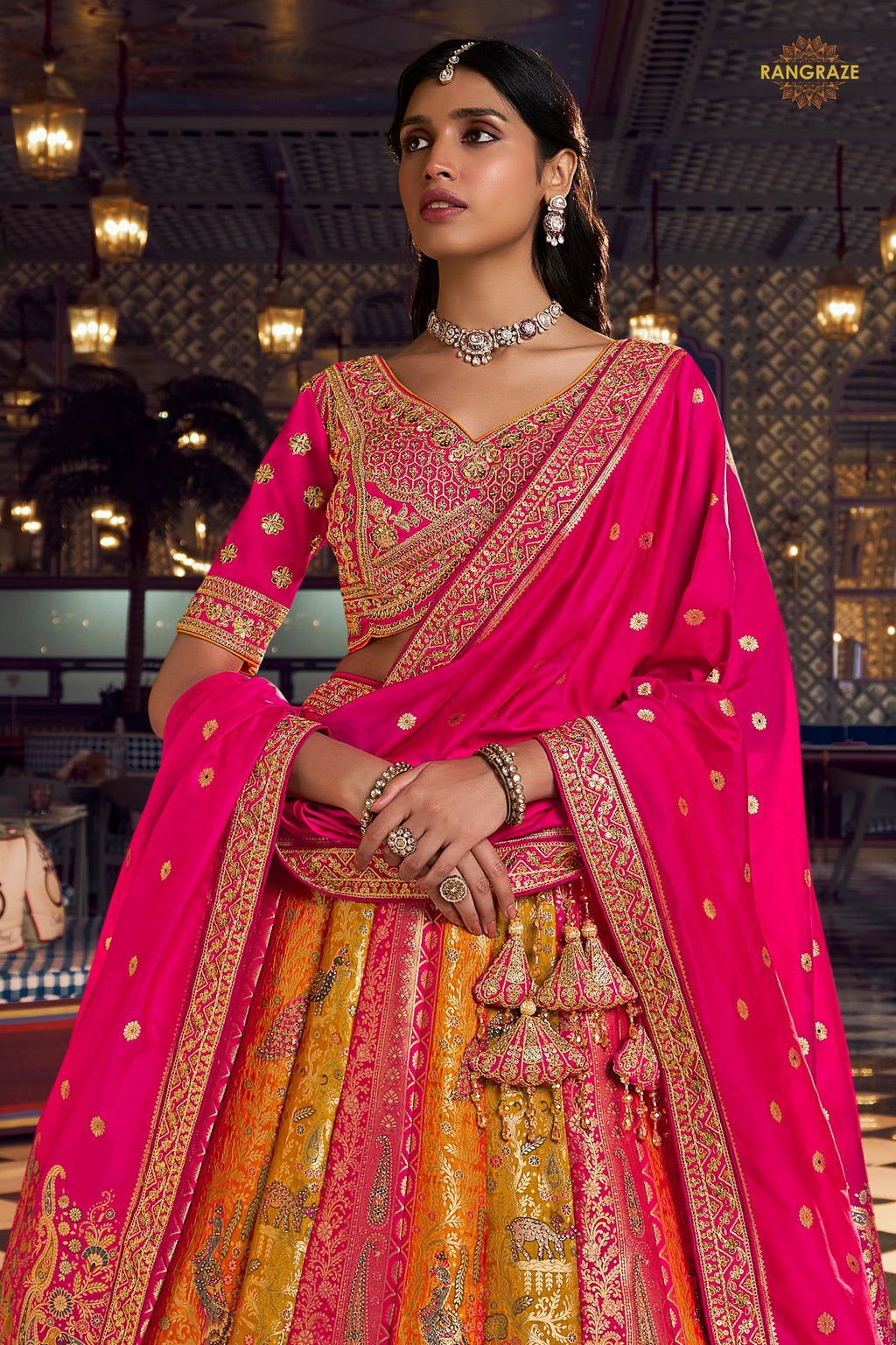 Pink And Yellow Banarasi Silk Lehenga WIth Hand Purse