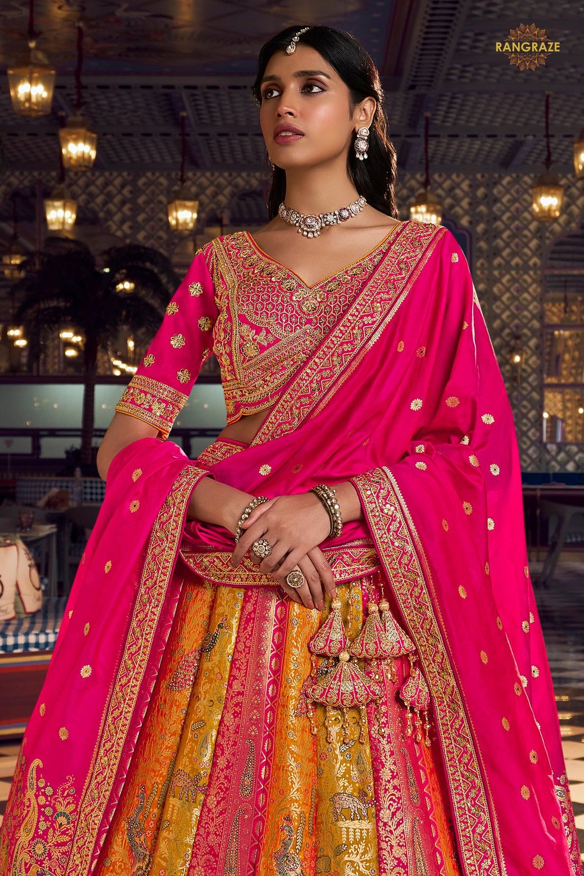 Pink And Yellow Banarasi Silk Lehenga WIth Hand Purse