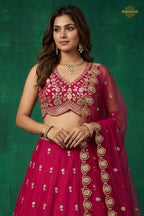Pink Embroidered Semi-Stitched Chinnon Lehenga Set