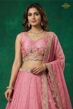 Blush Pink Embroidered Semi-Stitched Tissue Lehenga Set