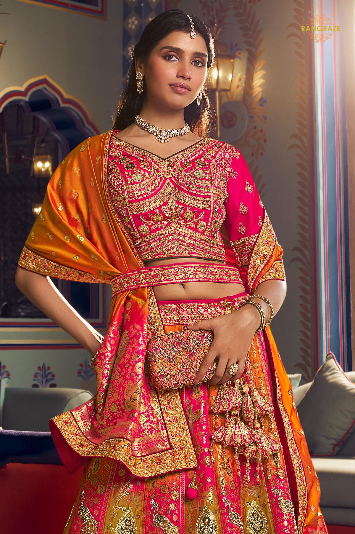 Pink And Green Banarasi Silk Lehenga WIth Hand Purse