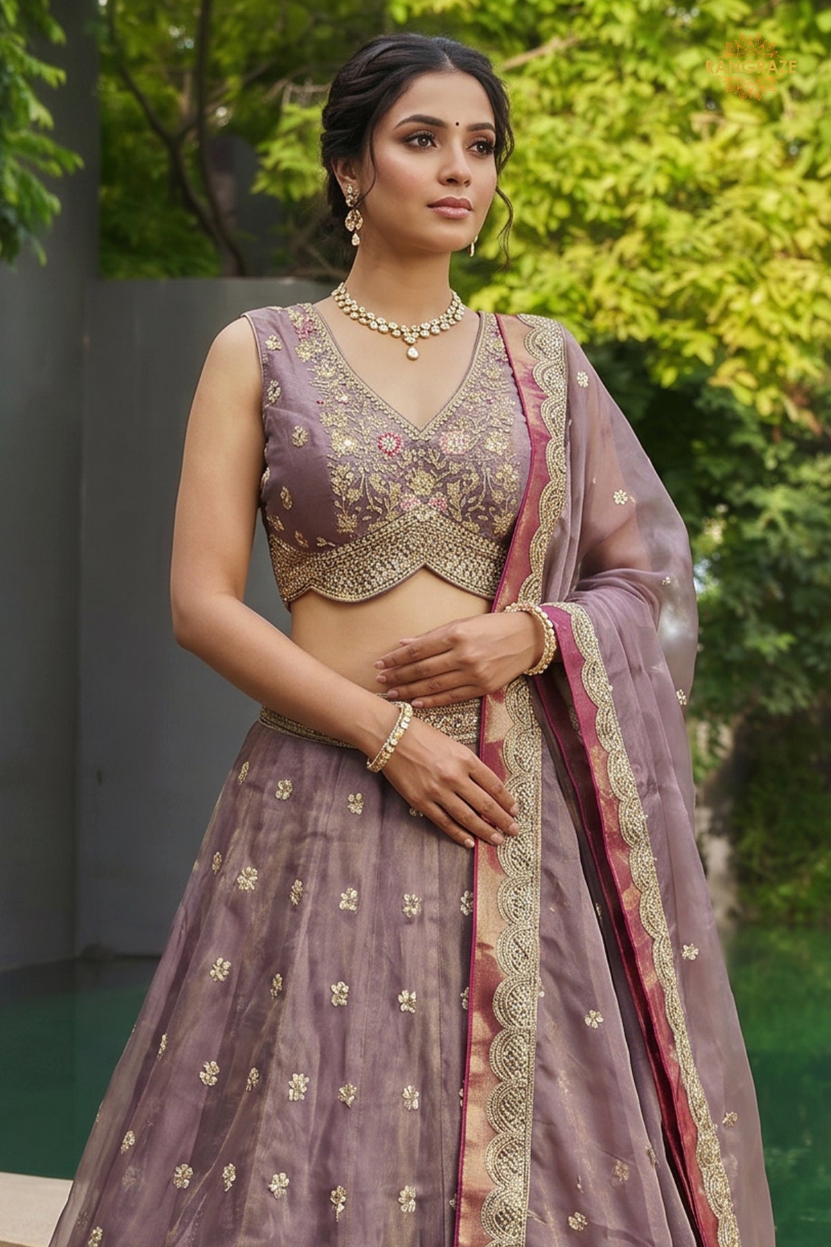 Mauve Embroidered Semi-Stitched Tissue Lehenga Set