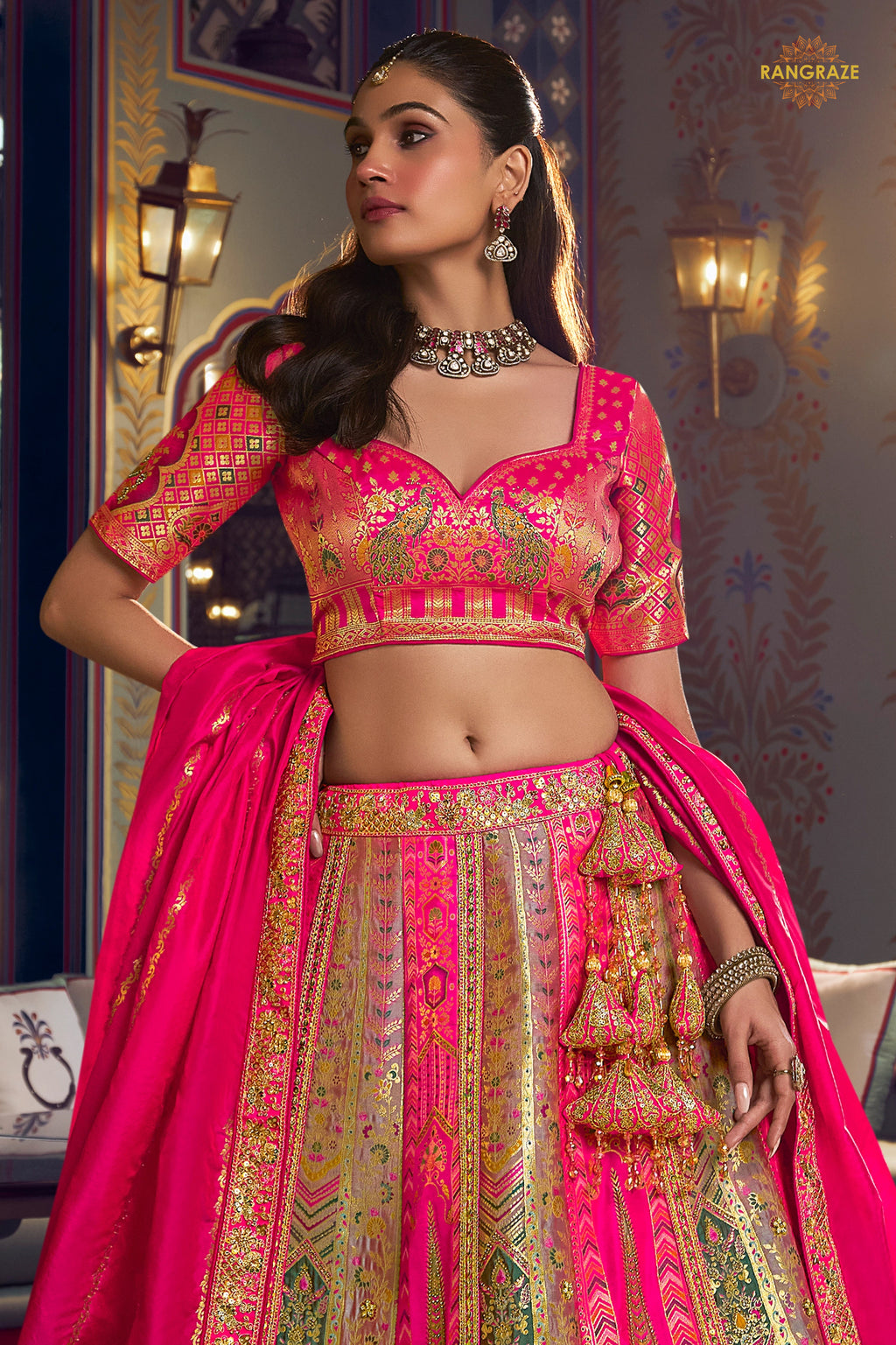Multicolor Banarasi Silk Lehenga WIth Hand Purse