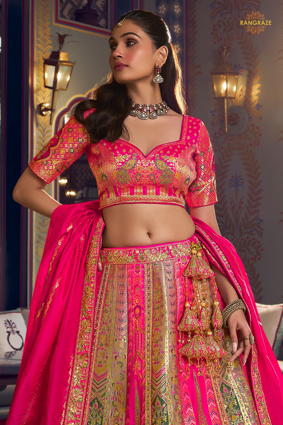 Multicolor Banarasi Silk Lehenga WIth Hand Purse