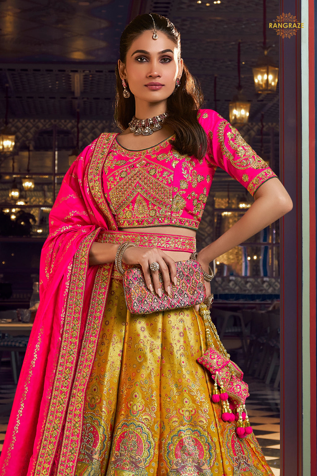 Pink And Yellow Banarasi Silk Lehenga WIth Hand Purse