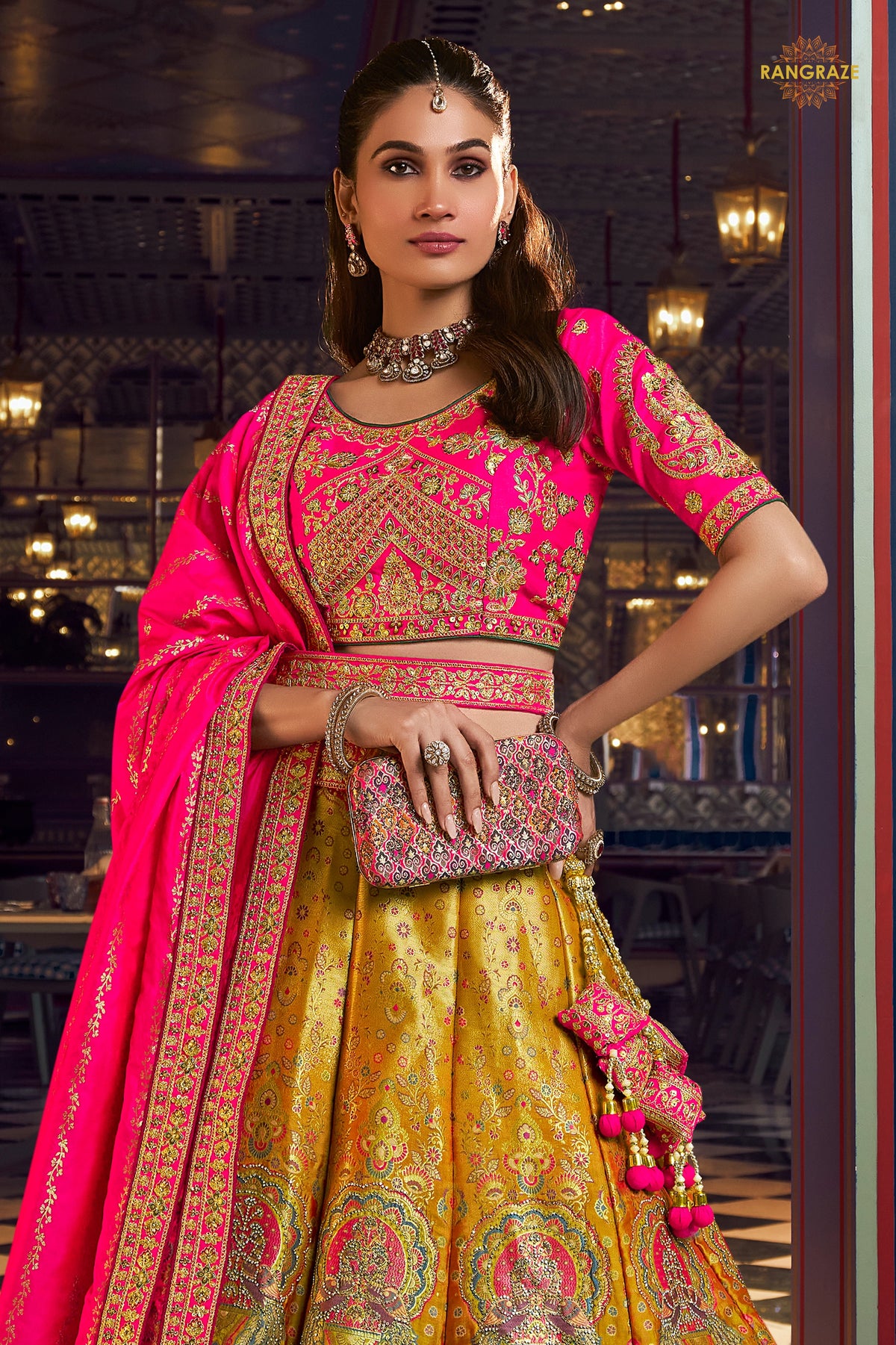 Pink And Yellow Banarasi Silk Lehenga WIth Hand Purse