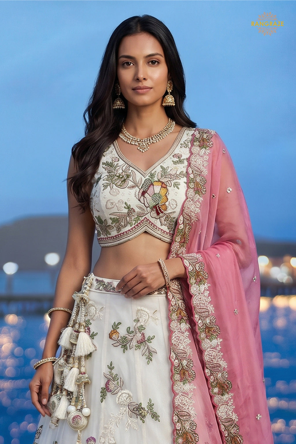 Cream Embroidered Semi-Stitched Tissue Lehenga Set