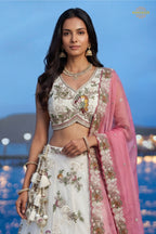 Cream Embroidered Semi-Stitched Tissue Lehenga Set