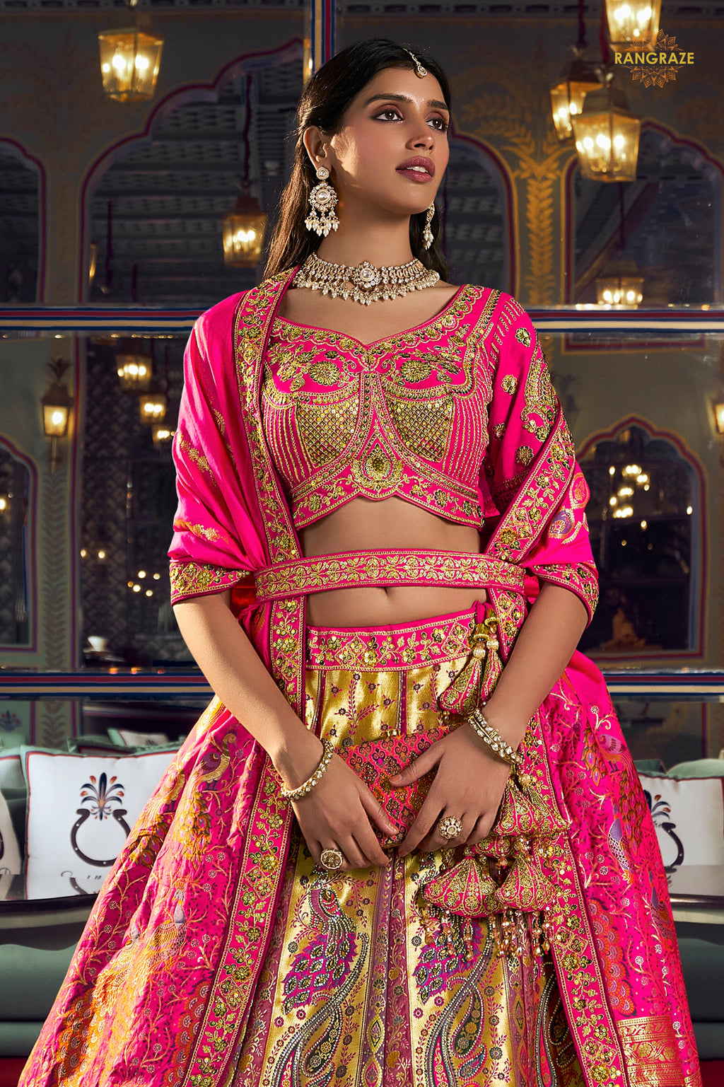 Multicolor Banarasi Silk Lehenga WIth Hand Purse