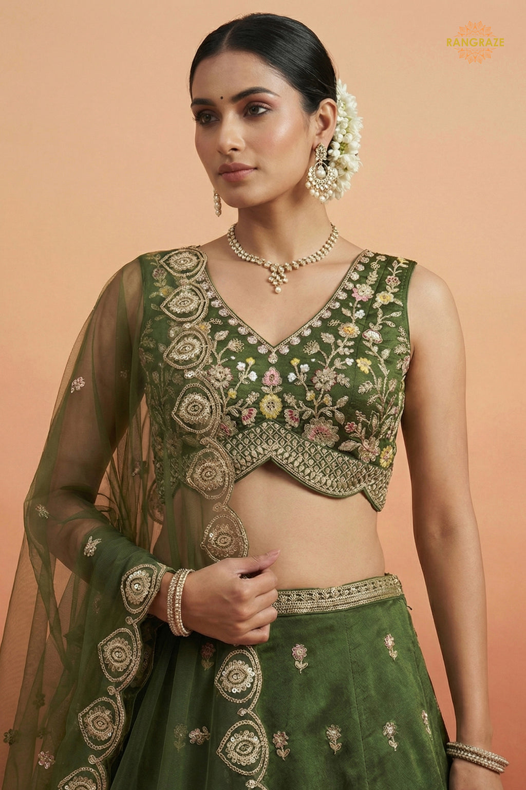 Green Embroidered Semi-Stitched Chinnon Lehenga Set
