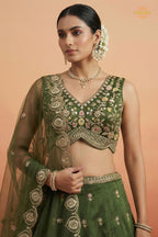 Green Embroidered Semi-Stitched Chinnon Lehenga Set