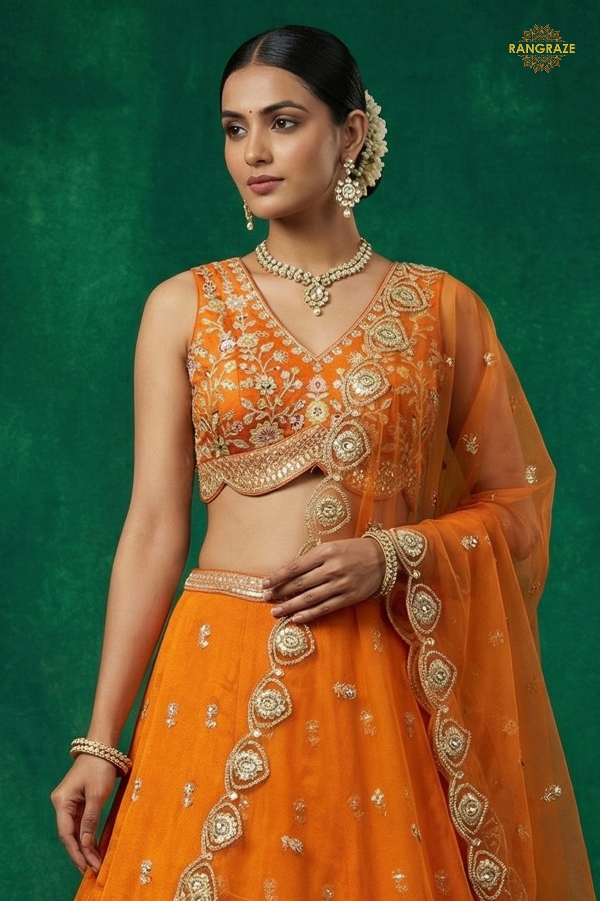 Orange Embroidered Semi-Stitched Chinnon Lehenga Set