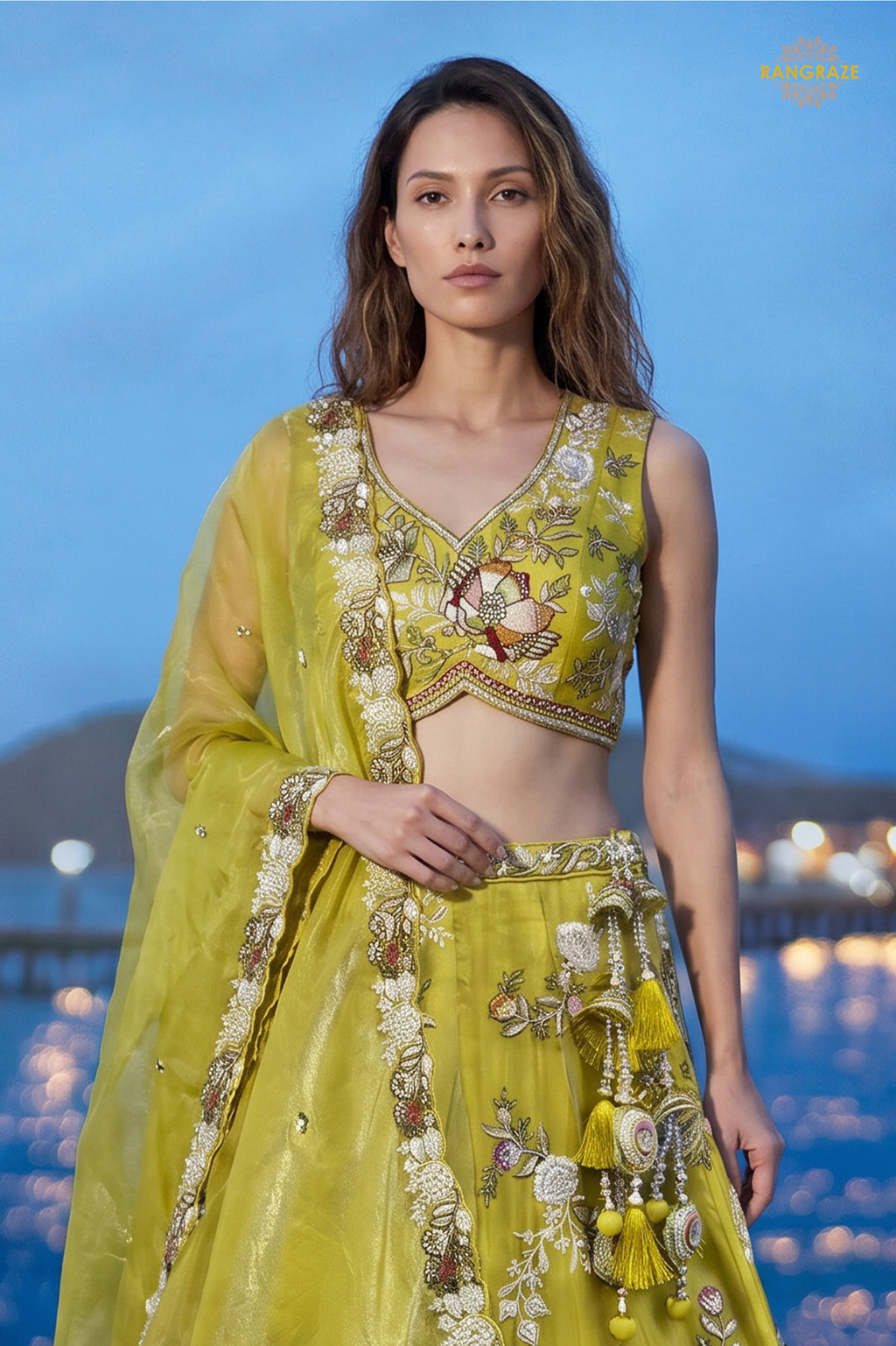 Lime Yellow Embroidered Semi-Stitched Tissue Lehenga Set