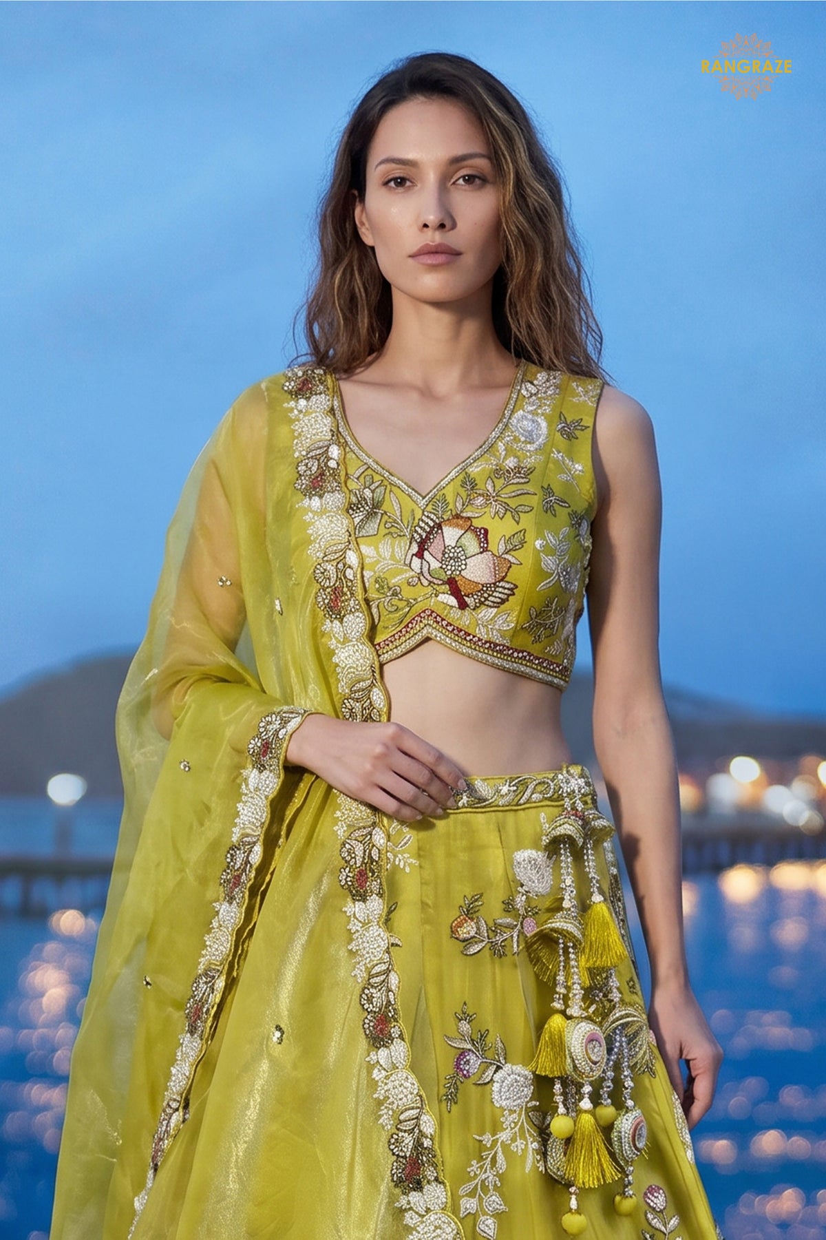 Lime Yellow Embroidered Semi-Stitched Tissue Lehenga Set