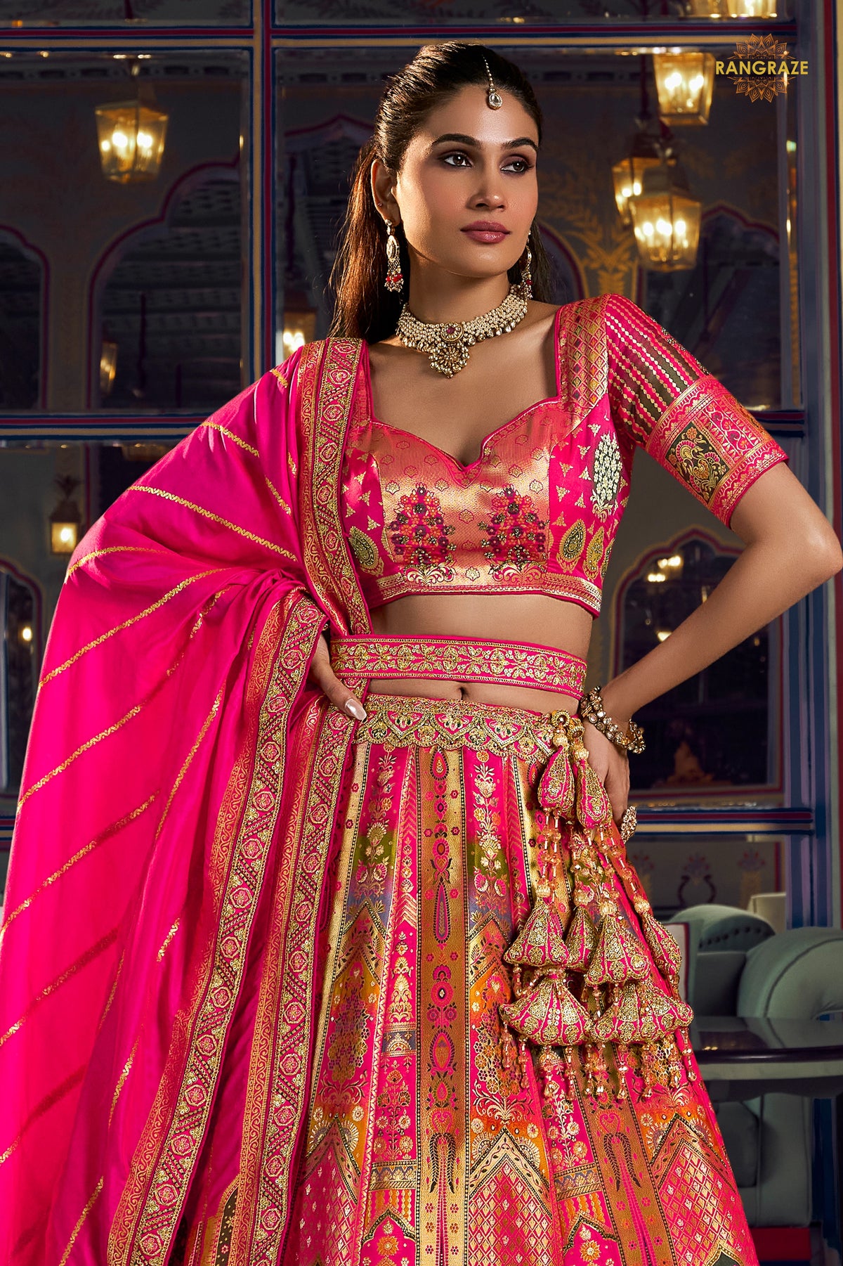 Multicolor Banarasi Silk Lehenga WIth Hand Purse