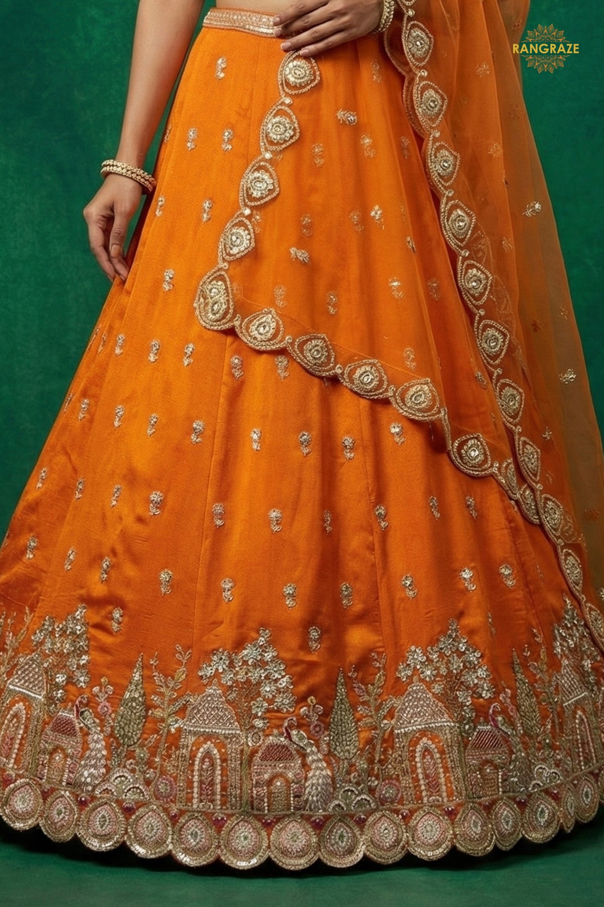 Orange Embroidered Semi-Stitched Chinnon Lehenga Set
