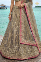 Champagne Beige Embroidered Semi-Stitched Tissue Lehenga Set