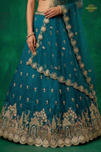Teal Blue Embroidered Semi-Stitched Chinnon Lehenga Set