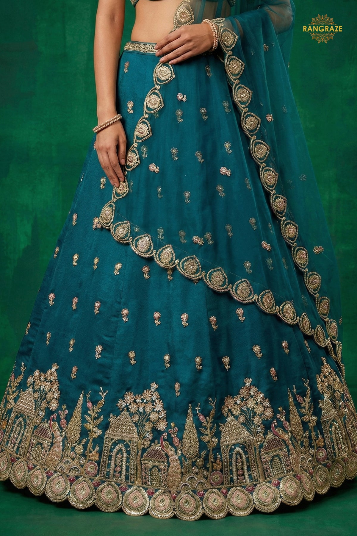 Teal Blue Embroidered Semi-Stitched Chinnon Lehenga Set