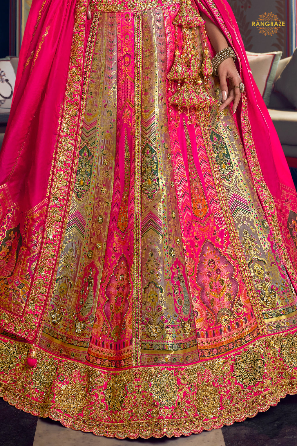 Multicolor Banarasi Silk Lehenga WIth Hand Purse