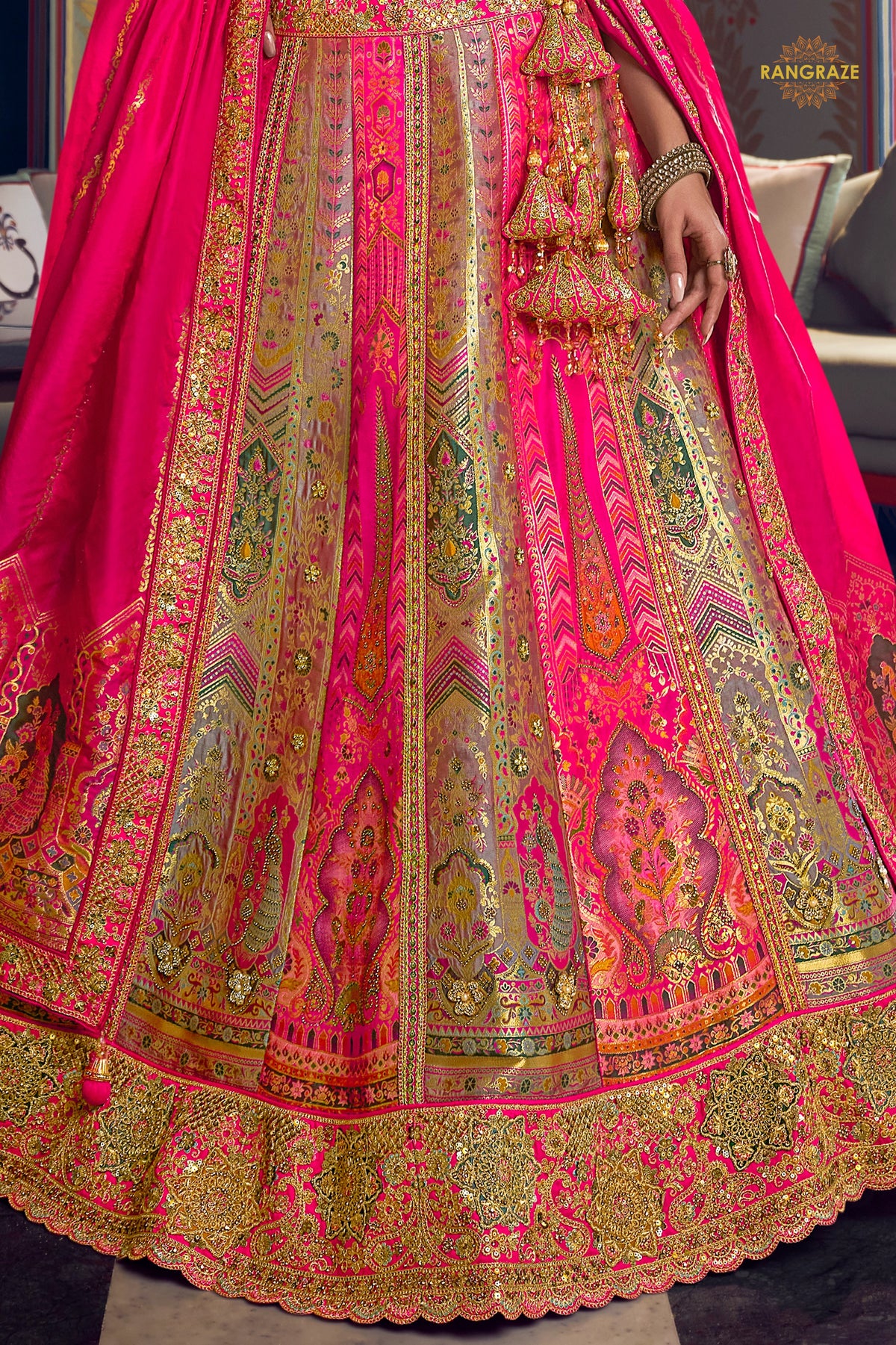 Multicolor Banarasi Silk Lehenga WIth Hand Purse