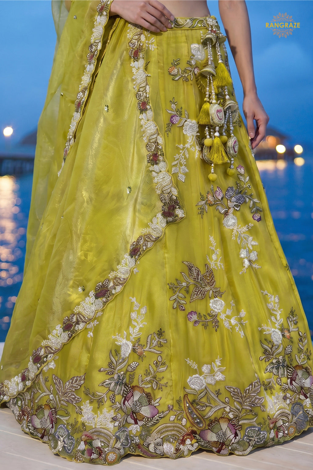 Lime Yellow Embroidered Semi-Stitched Tissue Lehenga Set