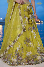 Lime Yellow Embroidered Semi-Stitched Tissue Lehenga Set