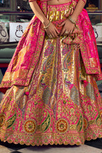 Multicolor Banarasi Silk Lehenga WIth Hand Purse