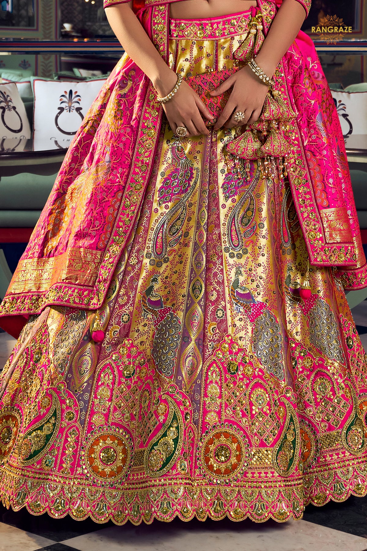 Multicolor Banarasi Silk Lehenga WIth Hand Purse