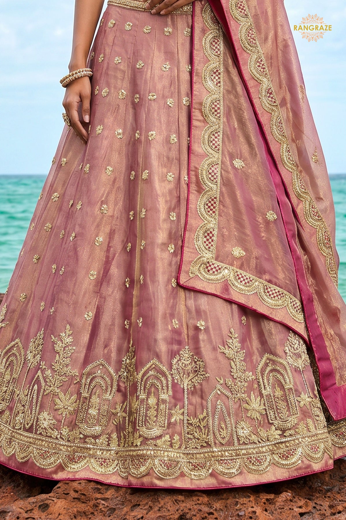 Dusty Pink Embroidered Semi-Stitched Tissue Lehenga Set