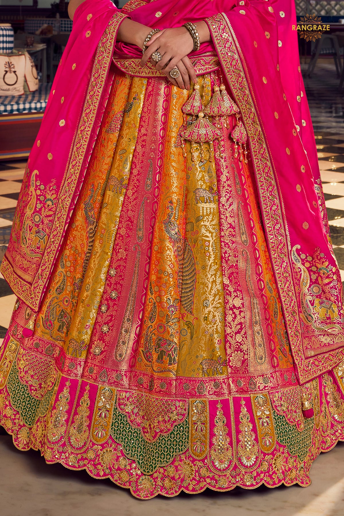 Pink And Yellow Banarasi Silk Lehenga WIth Hand Purse