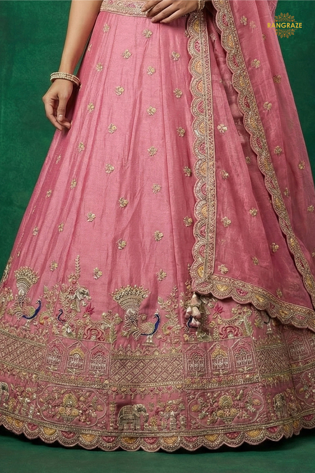 Blush Pink Embroidered Semi-Stitched Tissue Lehenga Set