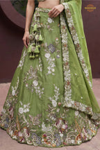 Olive Green Embroidered Semi-Stitched Tissue Lehenga Set