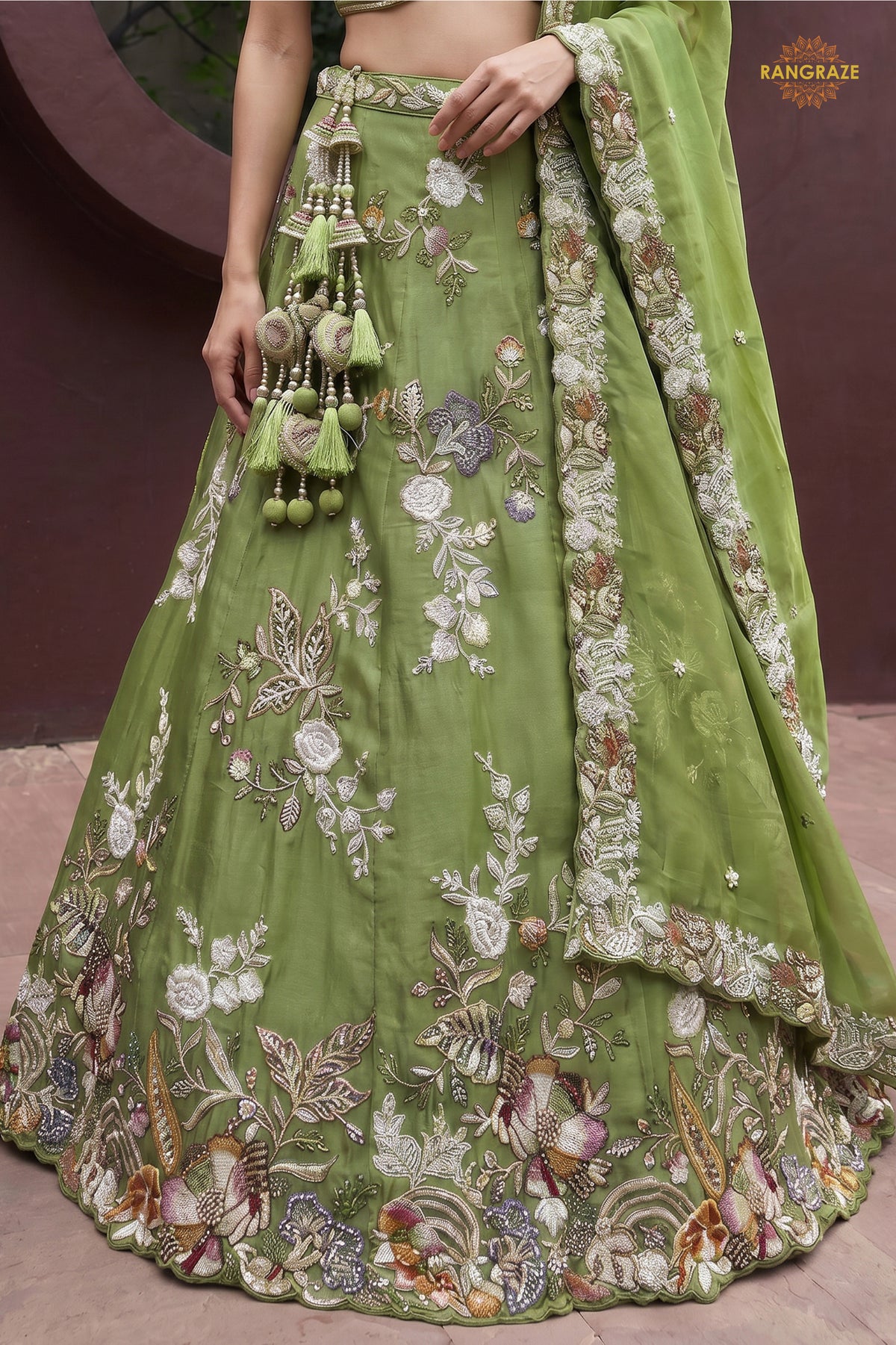 Olive Green Embroidered Semi-Stitched Tissue Lehenga Set