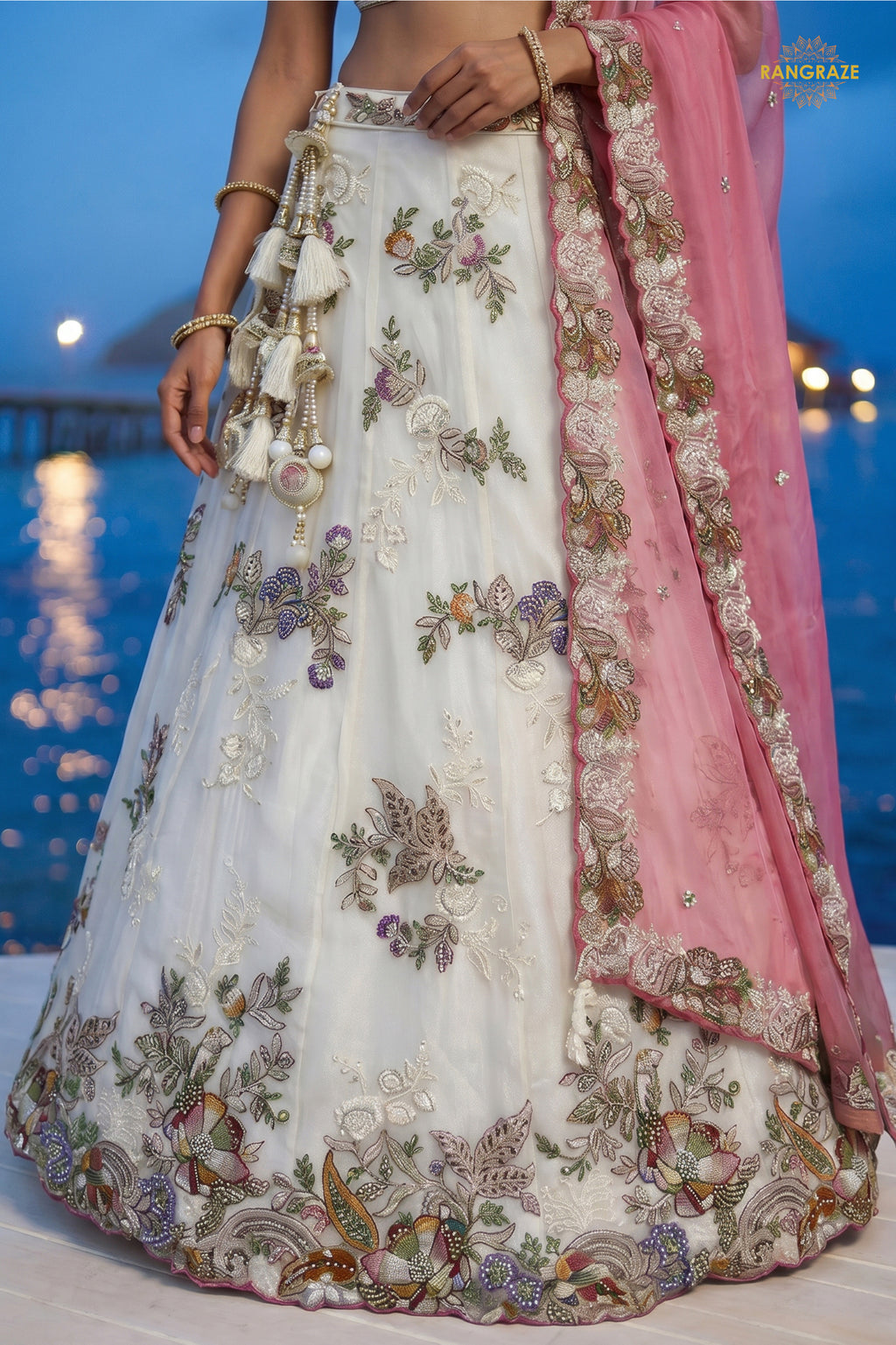 Cream Embroidered Semi-Stitched Tissue Lehenga Set
