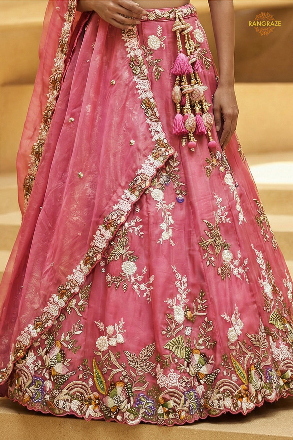 Fuchsia Pink Embroidered Semi-Stitched Tissue Lehenga Set